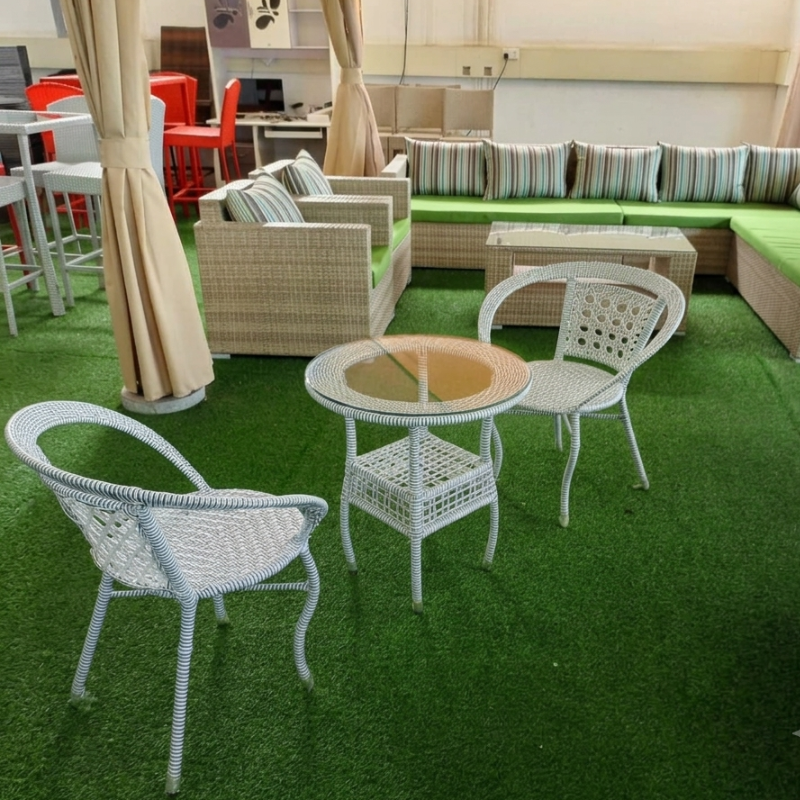 2-Seater White Rattan Tub Chair Set + Round Glass-Top Coffee Table