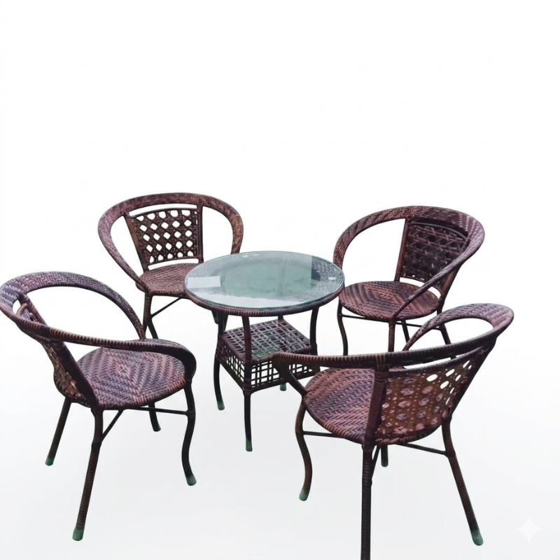 4-Seater Brown Rattan Tub Chair Set + Round Glass-Top Coffee Table