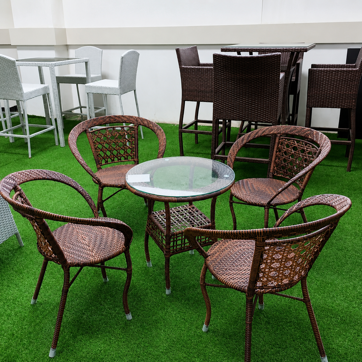 4-Seater Brown Rattan Tub Chair Set + Round Glass-Top Coffee Table