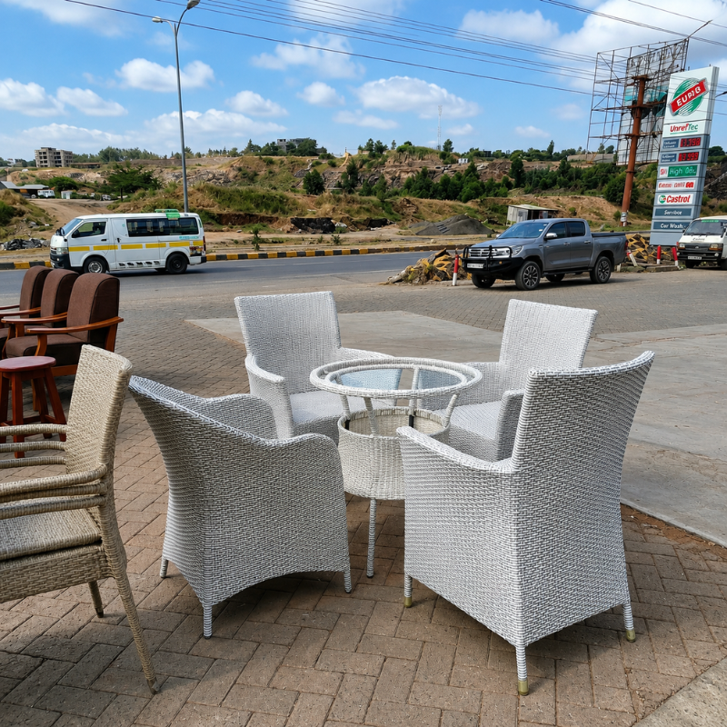 4-Seater White Rattan Armchair Set + Round Glass-Top Coffee Table