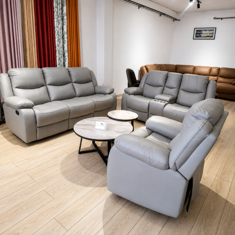 6-Seater Light Grey Leather Recliner Seat – Cool Grey Tone