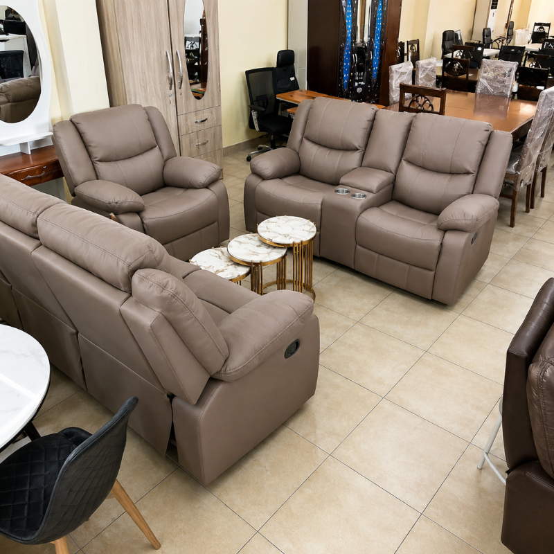 6-Seater Light Grey Leather Recliner Seat – Warm Taupe Tone