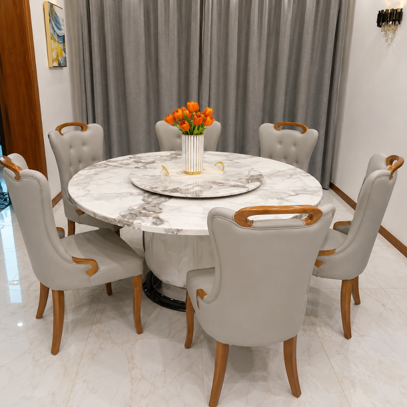 6-Seater Marble Dining Set with Wooden Legs