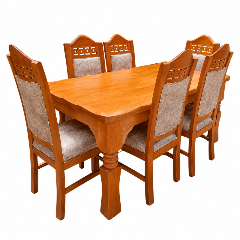 6-Seater Wooden Dining Table Set with Carved Chair Backs