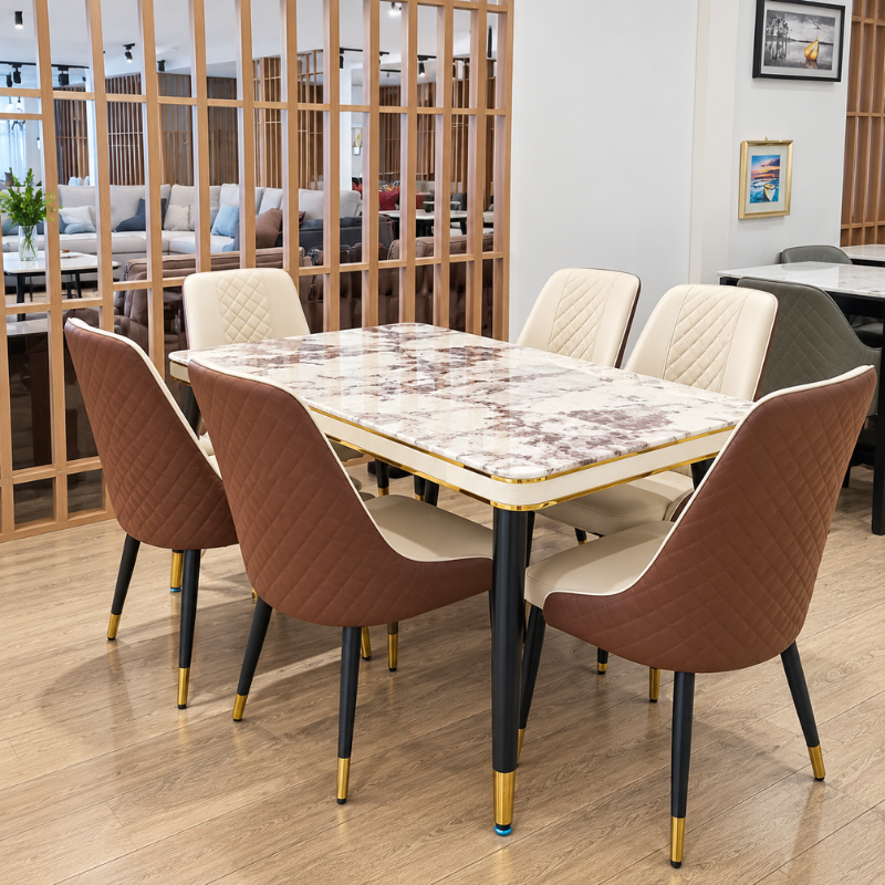 6 Seater Brown Diamond-Quilted Marble Dining Set
