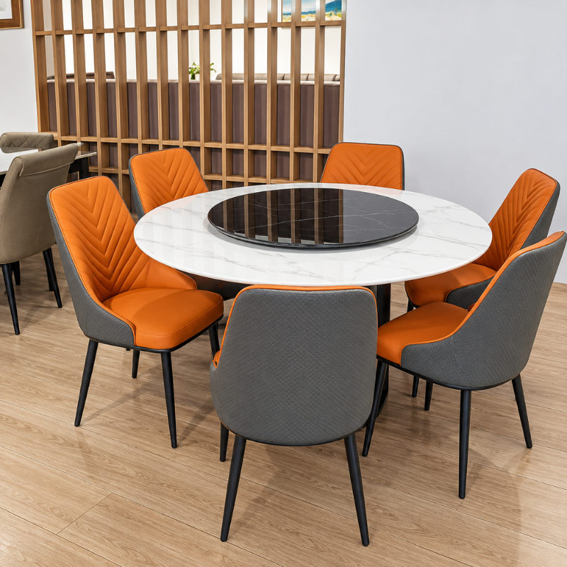6 Seater Orange &amp; Grey Marble Round Dining Set