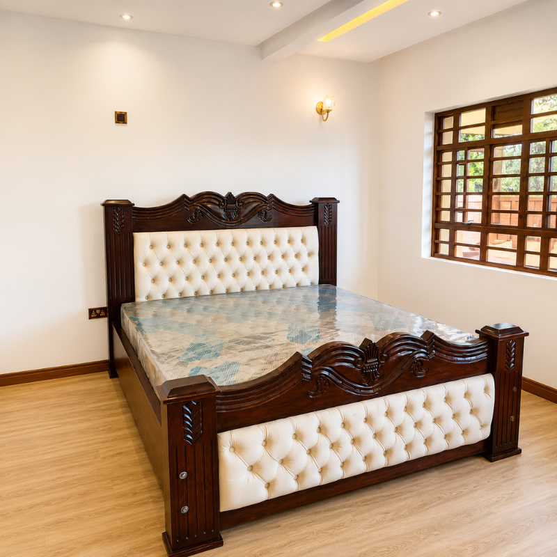 6x6 Mahogany Bed – Curved Tufted Panel Design