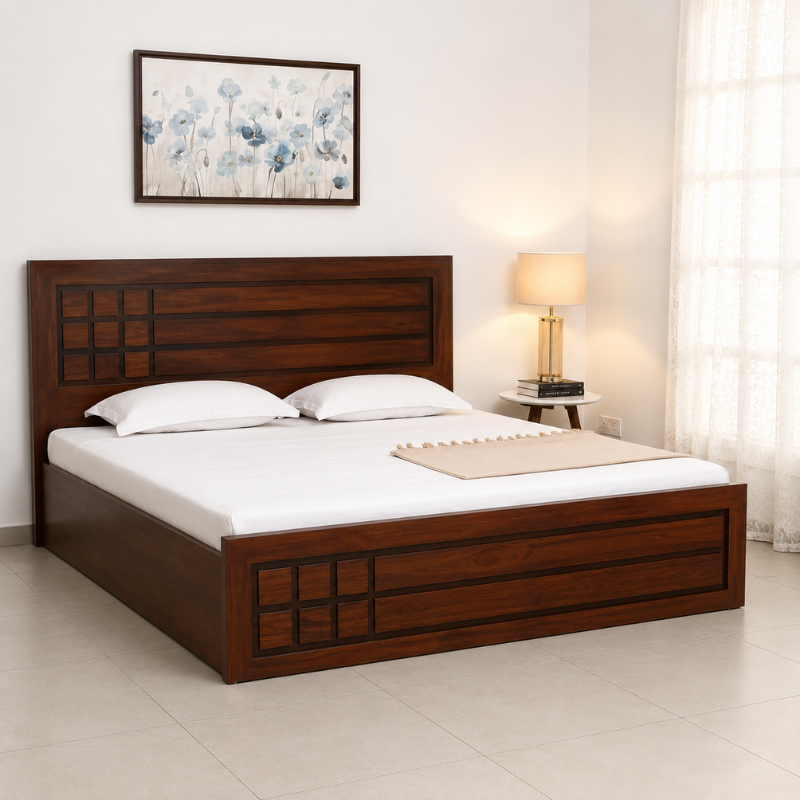 6x6 Mahogany Bed – Geometric Panel Design