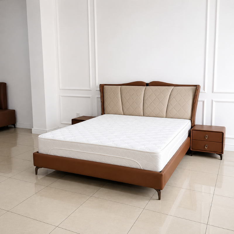 6x6 Mahogany Bed – Scalloped Upholstered Headboard