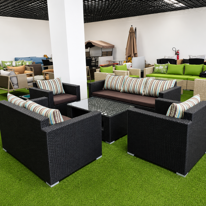 7-Seater Black Rattan Outdoor Sofa