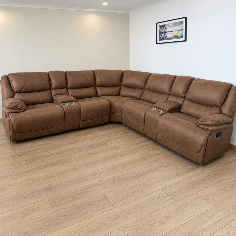 7 Seater L-shaped Brown Reclining Sofa