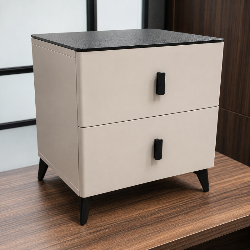 Beige Black-Top Bedside Table