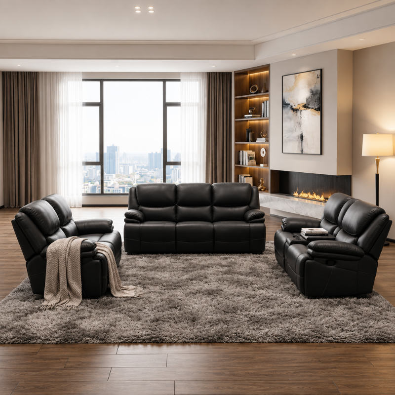 Black 7-Seater Leather Recliner Sofa