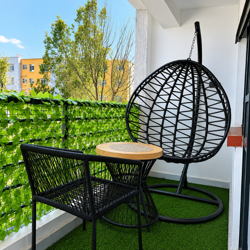 Black Rattan Egg Chair - Mustard/gold cushions