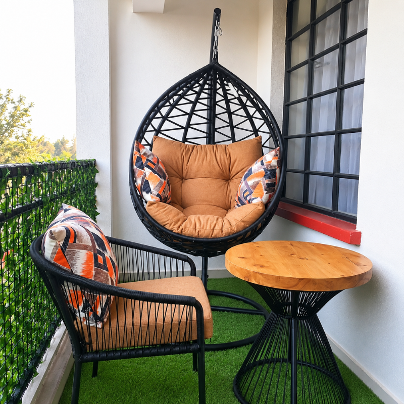 Black Rattan Egg Chair + 1 Rattan Tub Chair + Round Wooden Top Coffee Table