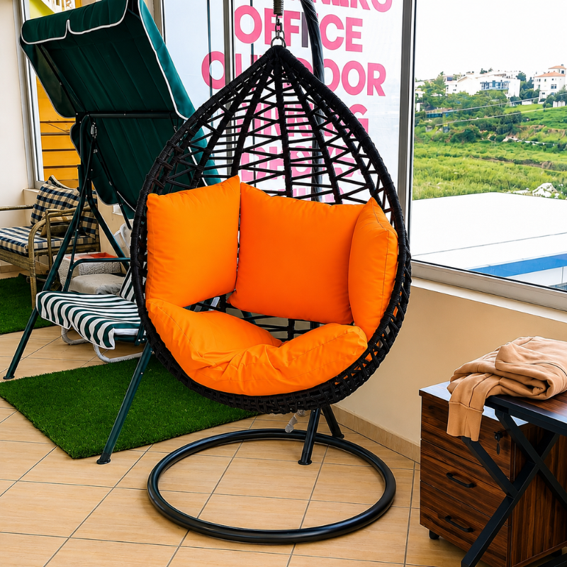 Black Rattan Egg Chair – Orange Cushions