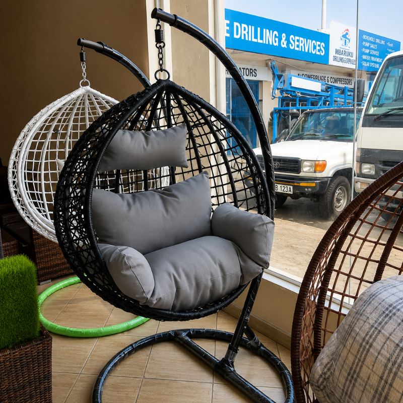 Black Swing Chair with White Cushions