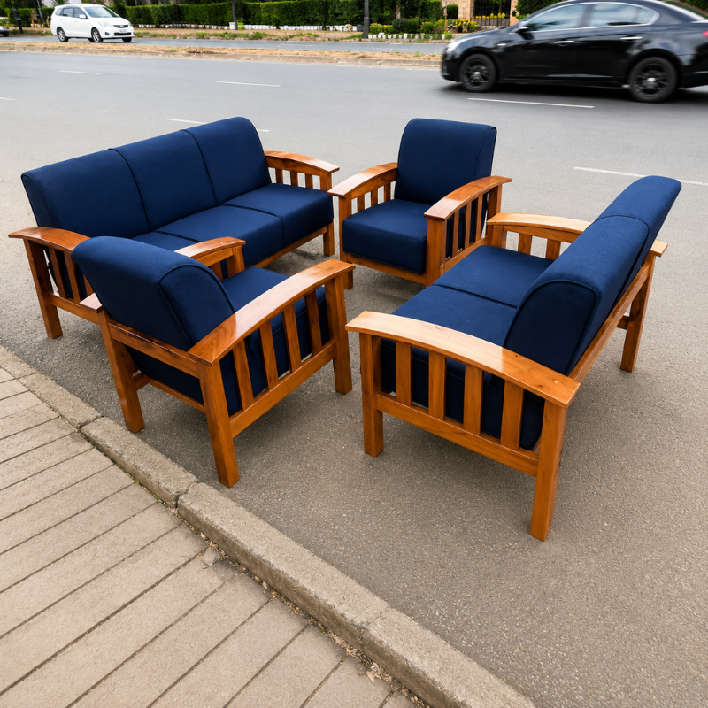7-Seater Navy Blue Wooden Sofa