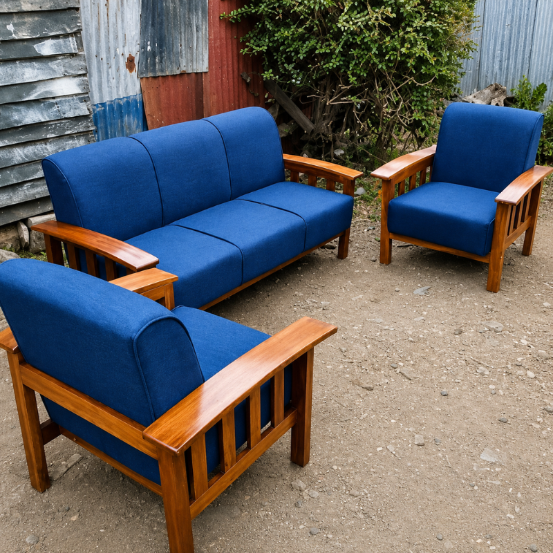 Blue 5-Seater Wooden Sofa