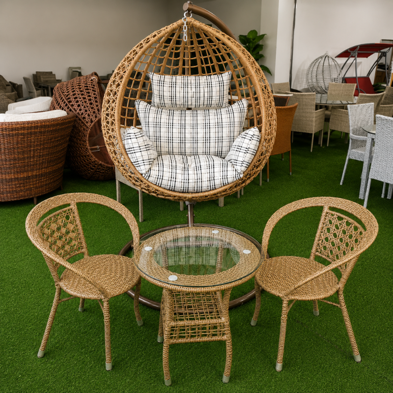 Brown Egg Chair + 2 Rattan Tub Chairs + Round Glass-Top Coffee Table