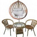 Brown Hanging Egg Chair + 2 Rattan Tub Chairs + Round Glass-Top Coffee Table