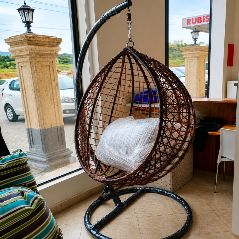 Brown Swing Chair with White Cushions