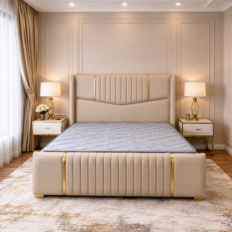 Cream Striped Chesterfield Bed