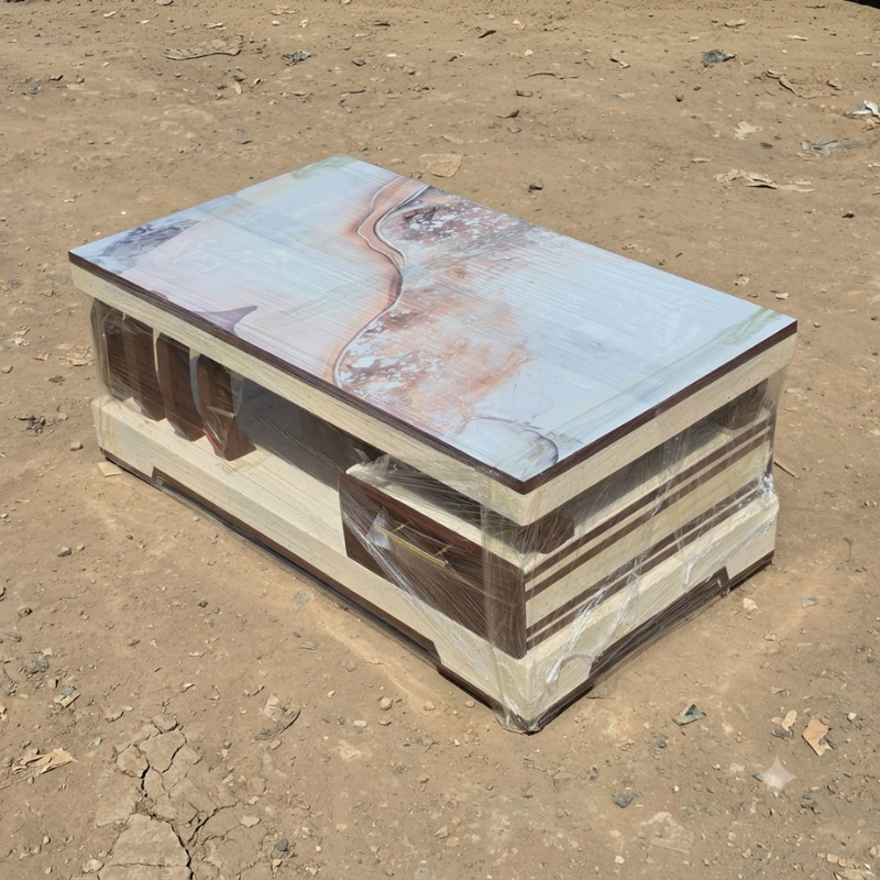 Cream Walnut Striped Marble-Top Coffee Table