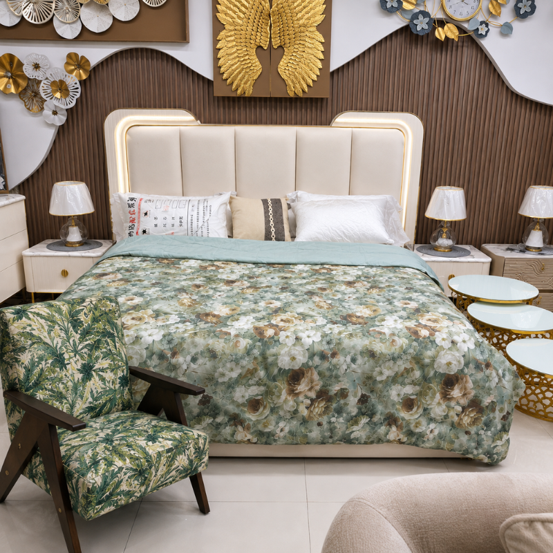 Floral Upholstered Gold Trim Bed