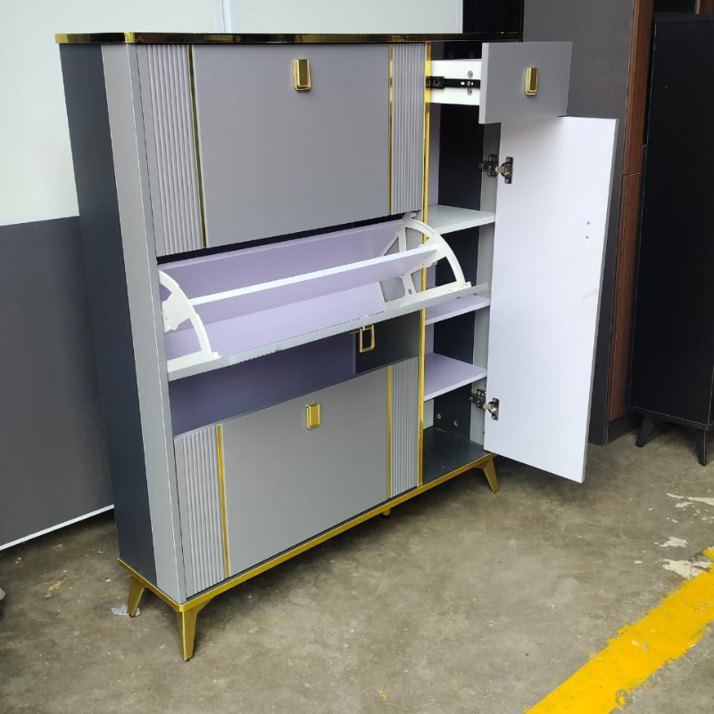 Grey Gold-Trim Flip-Door Shoe Cabinet