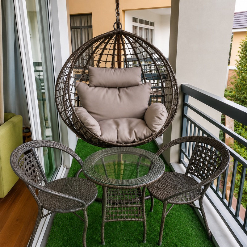 Grey Swing Chair + 2 Rattan Dining Set