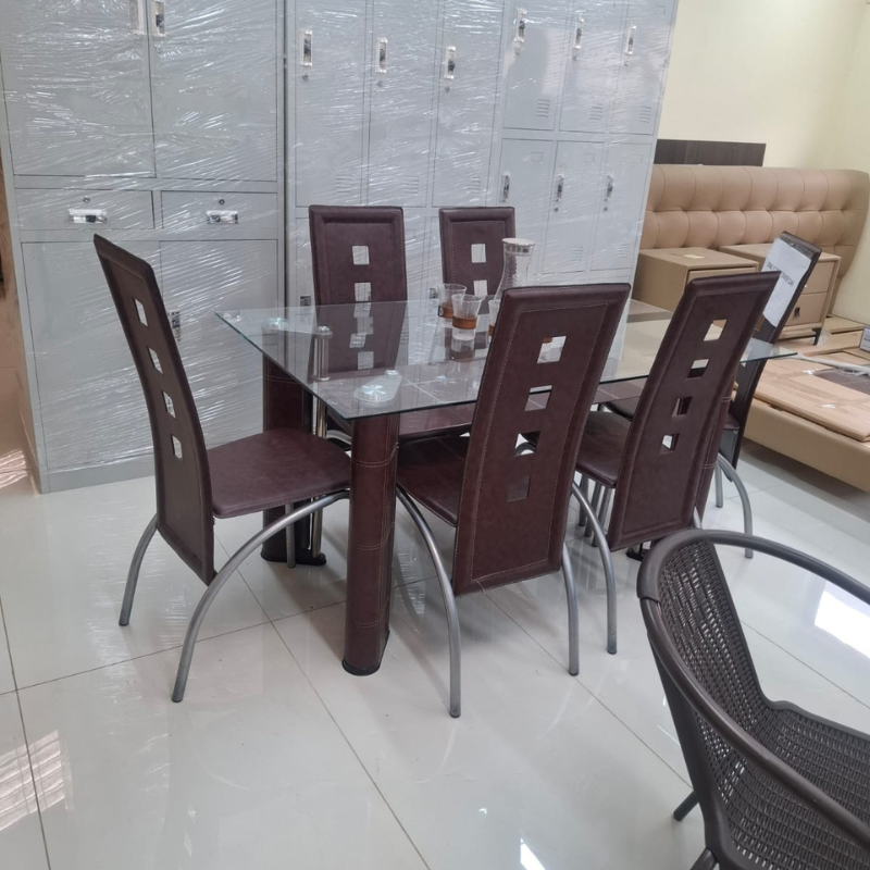6-Seater Brown Glass-Top Dining Set
