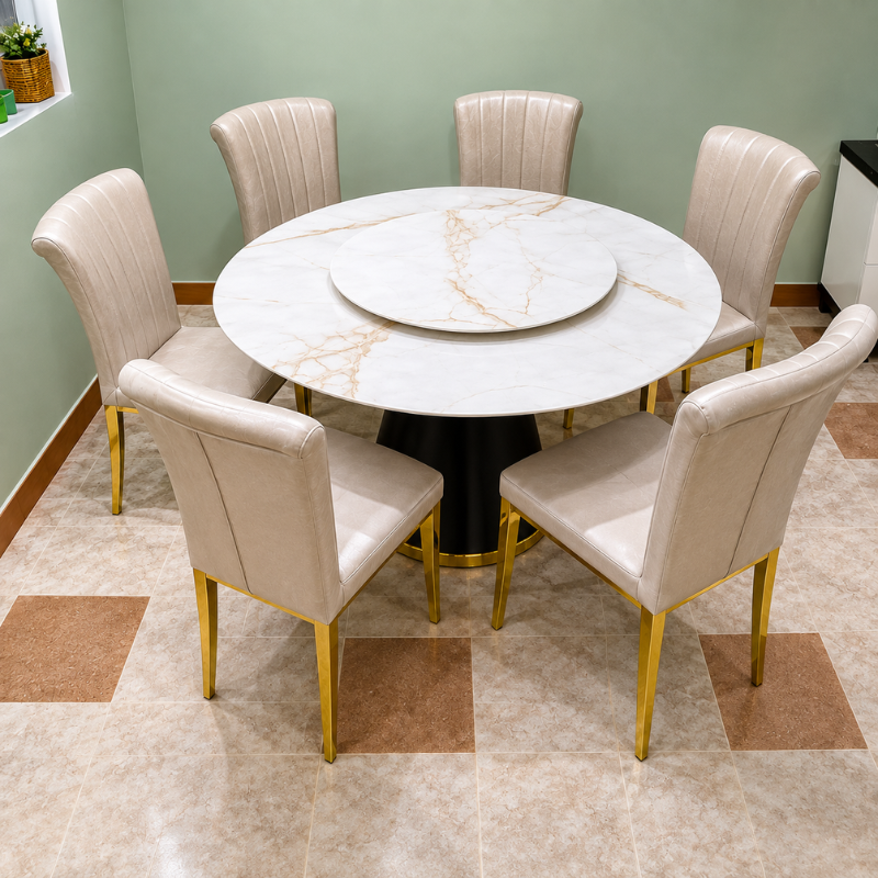 6-Seater Marble Dining Set with Gold Legs
