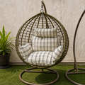 Olive Green Wicker Egg Chair - White Checked Cushions