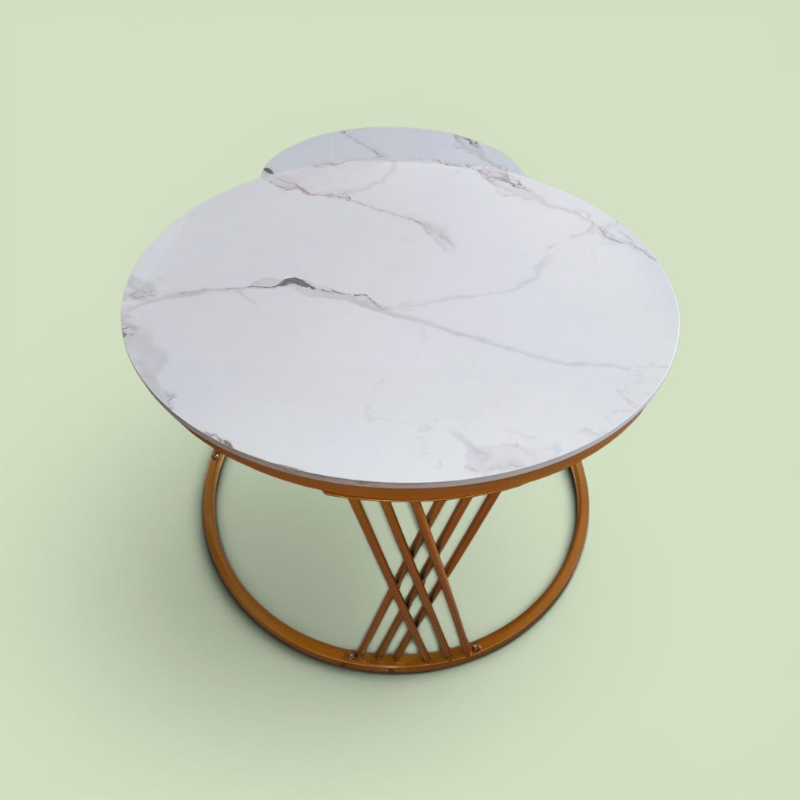 Round White Marble-Top Coffee Table - 2 Sets