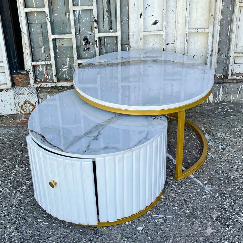 Round White Marble Ribbed Coffee Table
