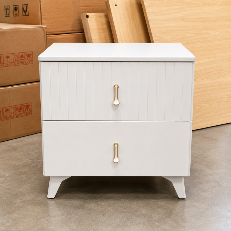 White Fluted Teardrop-Handle Nightstand