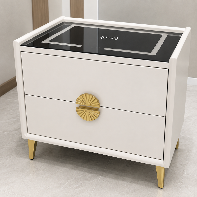 White Glass-Top Gold-Knob Nightstand