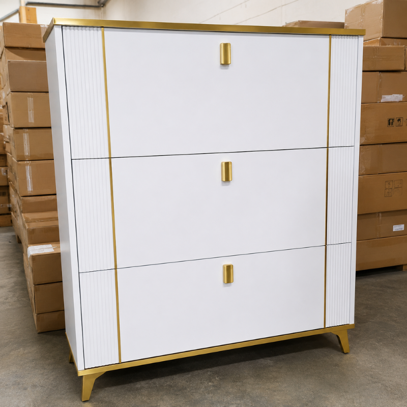 White Gold-Trim Fluted Chest of Drawers