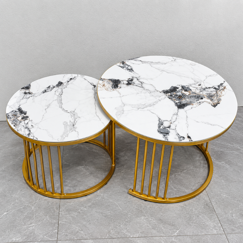 White Grey Marble Round Nesting Tables Set of 2