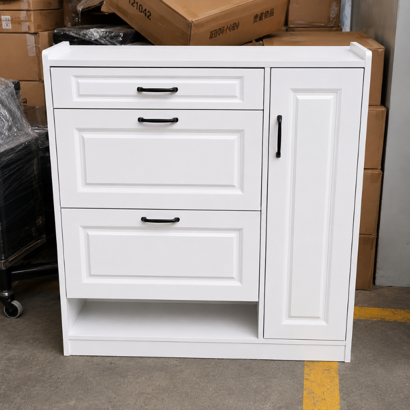 White Panel Chest with Cabinet & Open Shelf