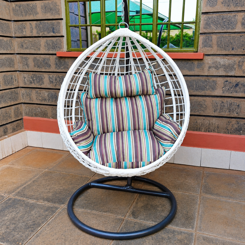 White Rattan Egg Chair - Striped cushions