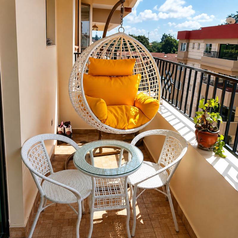 White Rattan Egg Chair + 2 Rattan Tub Chairs + Round Glass-Top Coffee Table