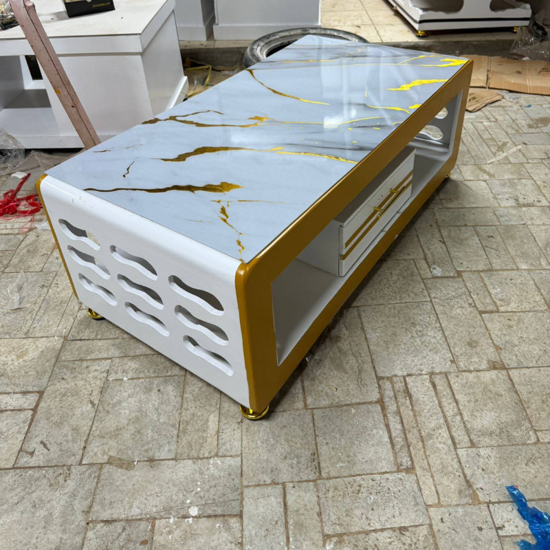 White & Gold Marble Top Coffee Table with Drawer