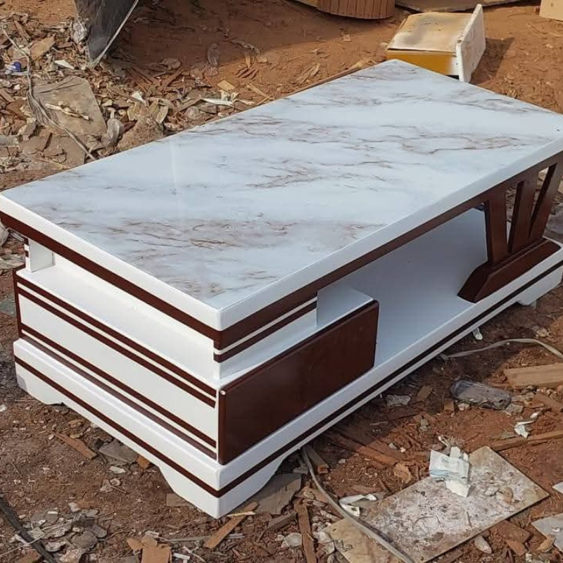 White Walnut Coffee Table with Grey Veined Marble Top