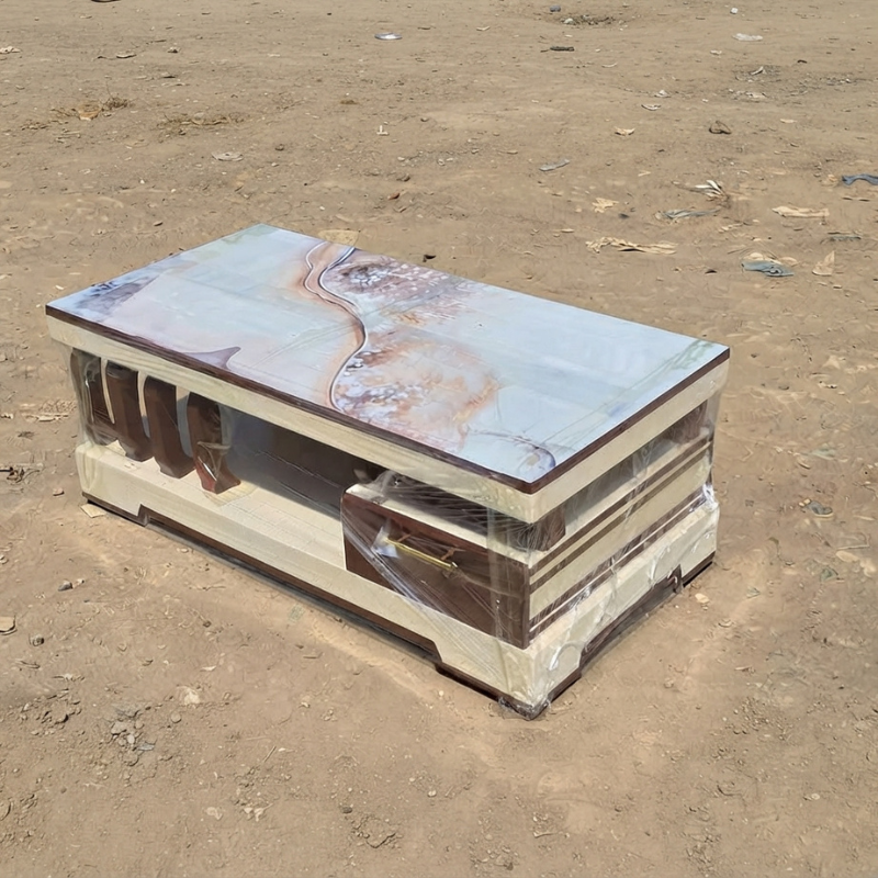 White Walnut Coffee Table with Rose Veined Marble Top